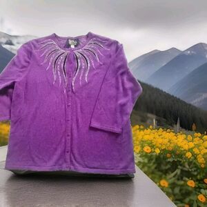 Bob Mackie Wearable Art XL Purple Sequined 3/4 Sleeve Buttons Cardigan Sweater